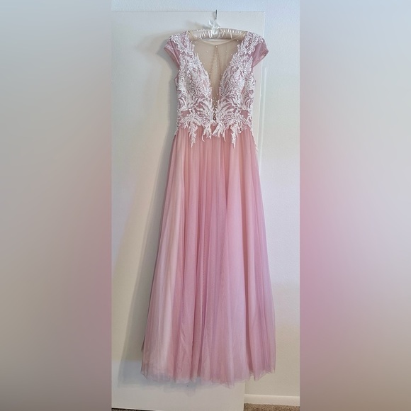 Wedding/prom/evening/gala dress gown lace white pink puff skirt A-line cap sleev - Picture 2 of 12